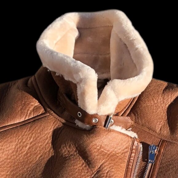 Women’s Brown Faux Leather Shearling Aviator Jacket - Faux Fur Winter Coat, M - Picture 8 of 10